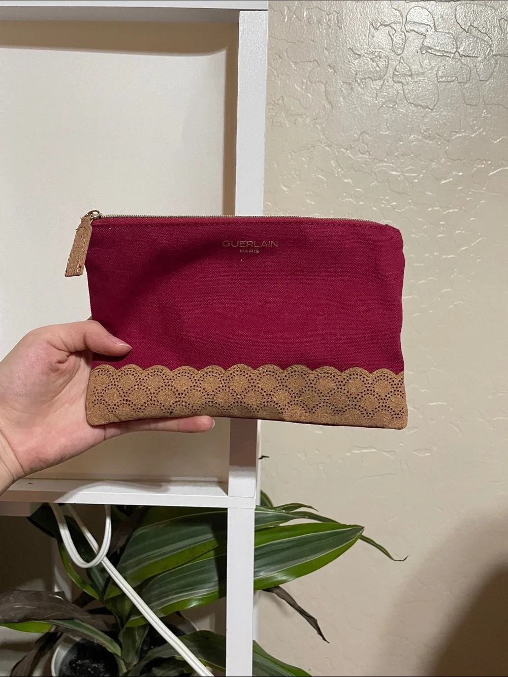 GUERLAIN Wine Red Canvas Cosmetic Pouch with Scalloped Suede Trim